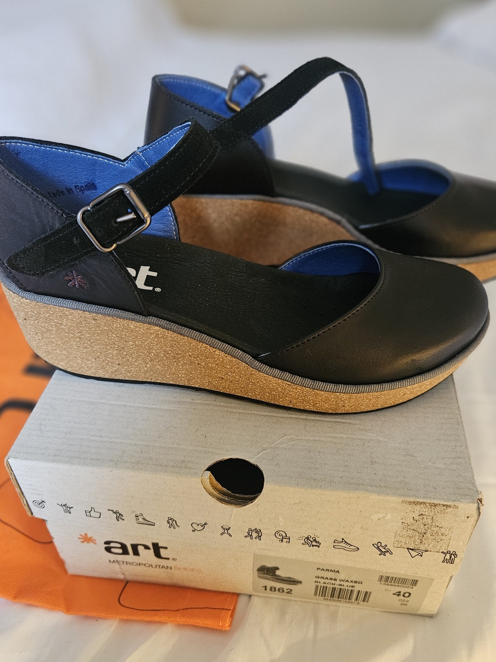 New-in-box ART. Black Wedge Mary Jane with Cork-Effect Platform